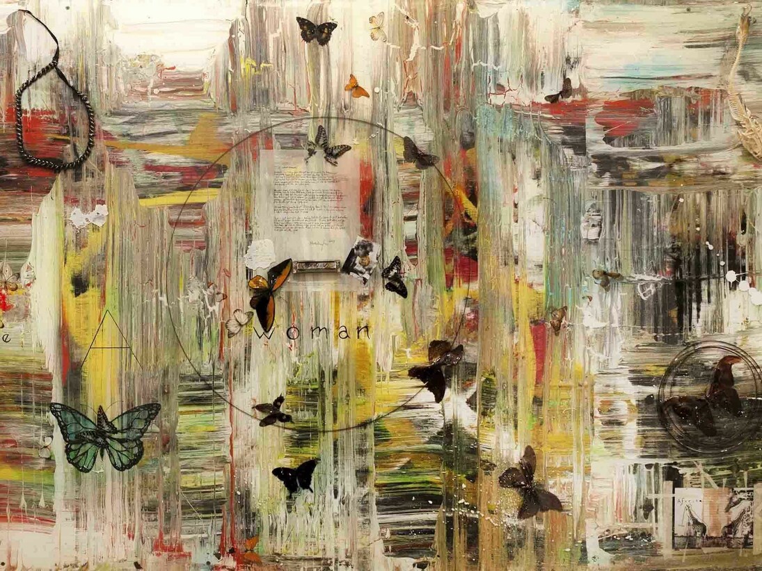 Raphael Mazzucco, Just Like a Woman, Acrylic paint, Official Bob Dylan manuscript, found objects, encased in resin