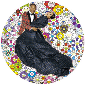 Takashi Murakami, Portrait of Pharrell and Helen - Dance, 2014, Acrylic and platinum leaf on canvas mounted on board
(Photo by Terry Richardson), φ1500 mm, © 2014 Takashi Murakami/Kaikai Kiki Co., Ltd. All Rights Reserved. Courtesy Galerie Perrotin
