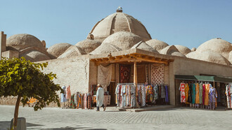 Traditional street photography in Bukhara, Uzbekistan, showcasing vibrant local shops and unique architecture