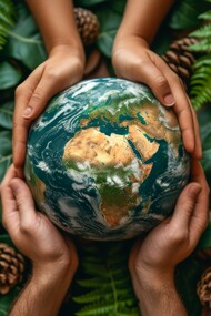 Hands cradling the Earth, surrounded by lush foliage and pinecones, symbolizing humanity's collective responsibility in nurturing and preserving the environment and planet for the well-being of future generations