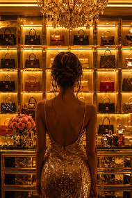 A woman gazing into a room lined with iconic bags, symbolising her first glimpse into the life she secretly desired