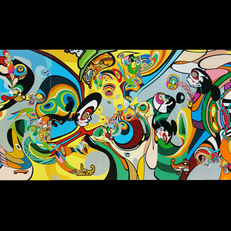 Indieguerillas, Cosmic Dance, 2021, acrylic on canvas, 200 × 600 cm (triptych, each 200 × 200 cm)
© indieguerillas, courtesy of the artist and Mizuma Gallery.
