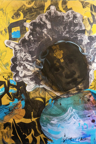 Scherezade García, "Teorias de libertad: virgen en mi mundo flotante," 2014. 36" x 44". Mixed media: serigraph, collage, inkjet, acrylic, carbon, paint on canvas