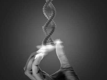 A DNA representation being held by a hand, illustrating genetic research and scientific exploration