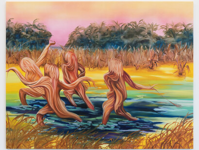 Mónika Kárándi, Running in the shadows, 2023, oil, acrylic on canvas, 63x78 ³⁄₄ inches. Courtesy of the artist and Anat Ebgi
