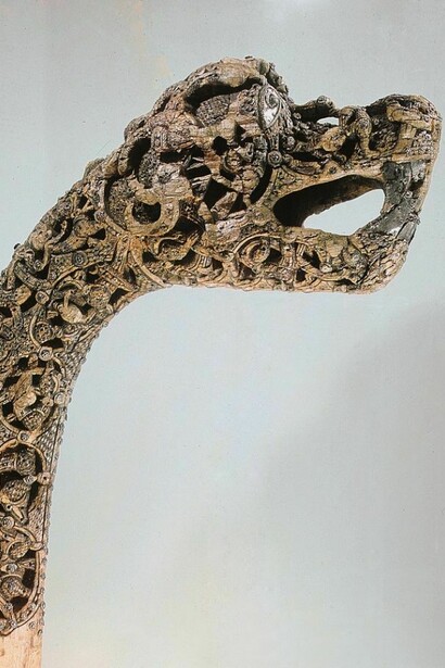 Oseberg, carved wooden animal-head post, c.AD 850