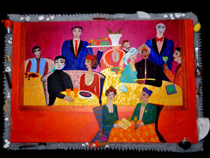 Marisa Laurito, Il ristorante, 2011, 100 x 130 cm, Tecnica mista con acrilico, silicone e oggetti vari