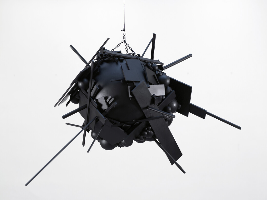 Emmanuelle Villard, Akira, OV-70.01, 2007
bois, polystyrène, laque sphère de 70cm, envergure de 150cm, Galerie Les filles du calvaire