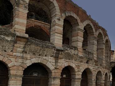 Arena di Verona, Veneto, Italy, the historic Roman amphitheater, glowing under a sky