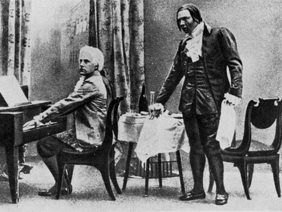 Vasilij Škafer (Mozart) e Fëdor Šaljapin (Salieri) nella prima rappresentazione dell'opera tratta dal testo di Puškin nel 1898