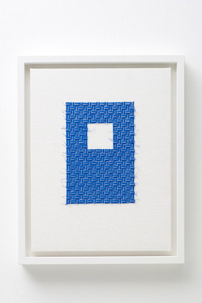 Kirstie Macleod,  Quantum IV, 2014, Embroidery with ceramic dipped thread on cotton, Image: 23 x 30 cm, Framed: 27.5 x 34 cm