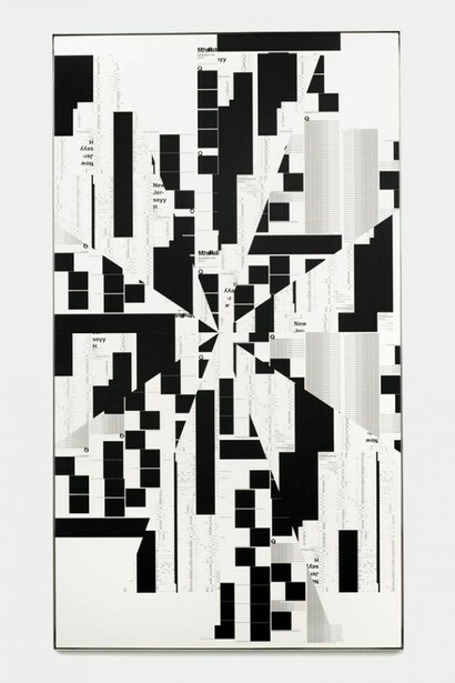 Michael Riedel, Untitled (Wheel 4 spoke), 2014, Silkscreen on honeycomb panel, 100 3/8 x 56 3/4 inches (255 x 144 cm). Courtesy the artist and David Zwirner, New York/London