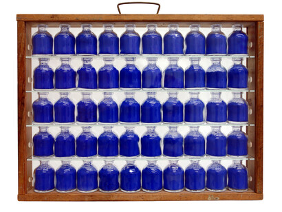 John Salvest, Portable Blue, 2015, wood, glass, dry pigment, 13.5x16x5 inches. Courtesy of David Lusk Gallery