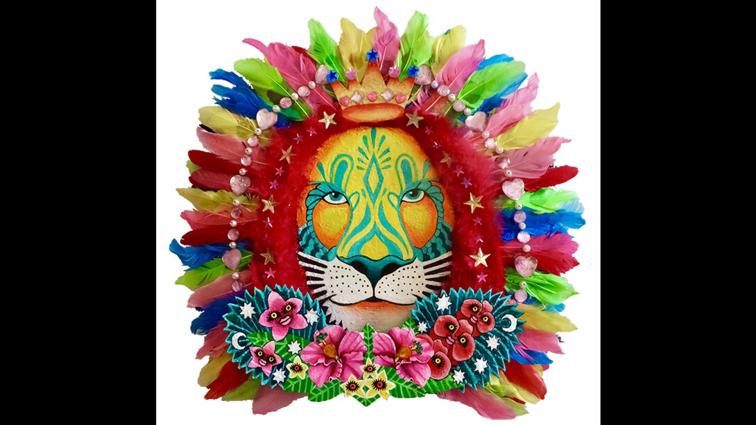 Kumi Hirose, Lion of the earth, 2023, acrylic, acrylic jewels, and feathers on canvas, 19×18 inches. Courtesy the artist and Space 776, NYC