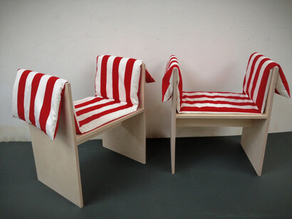 STUDIO LW, SDH Chairs, 2014, Birch ply, cotton, cushion, 606 x 750 x 450 mm (each) 