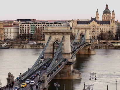 The Liberty Bridge stretching across the Danube River in a scenic city view, Budapest, Hungary