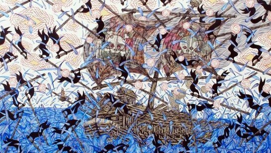 Andrew Schoultz, Engulfed Ship (Black Flags) (2013), Acrylic And Collage On Canvas Over Panel, 36h x 48w in (91.44h x 121.92w cm)