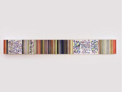 Hadieh Shafie, Forugh 3, 2014, Ink, acrylic, and paper with printed and handwritten Farsi text from the poem “Tavalodi Digar” (“Another Birth”), 11 x 88 in / 31 x 223.5 cm