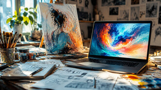 A traditional painting studio alongside an AI-generated artwork on a laptop, representing the convergence of human and machine creativity