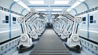 An assembly line of robotic units manufacturing products