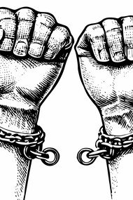 Broken shackles on raised wrists represent liberation and the triumph of the human spirit in the pursuit of freedom