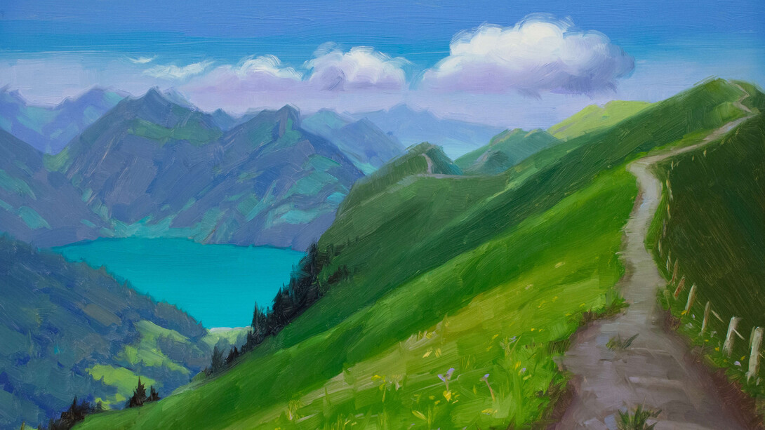 Kirsten Savage, Crest Stoos Hike, Switzerland, oil on panel, 6x9x1 inches. Courtesy of the artist and Abend Gallery