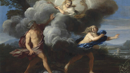Il mito di Alfeo e Aretusa in un dipinto di Carlo Maratta (1625-1713). la ninfa siracusana fugge dal dio fluviale, chiedendo l'aiuto della divinità Artemide