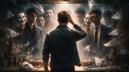 A fractured reflection of self—where identity splits, masks multiply, and the pressure to become someone new never fully lets the old disappear