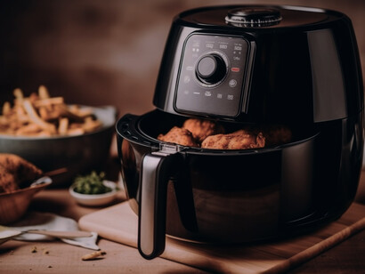 A rustic domestic kitchen setting where an air fryer is used for healthy meal preparation