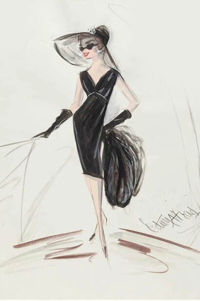 Boceto de Edith Head para uno de los atuendos que usaría Audrey Hepburn en el filme «Desayuno con diamantes»