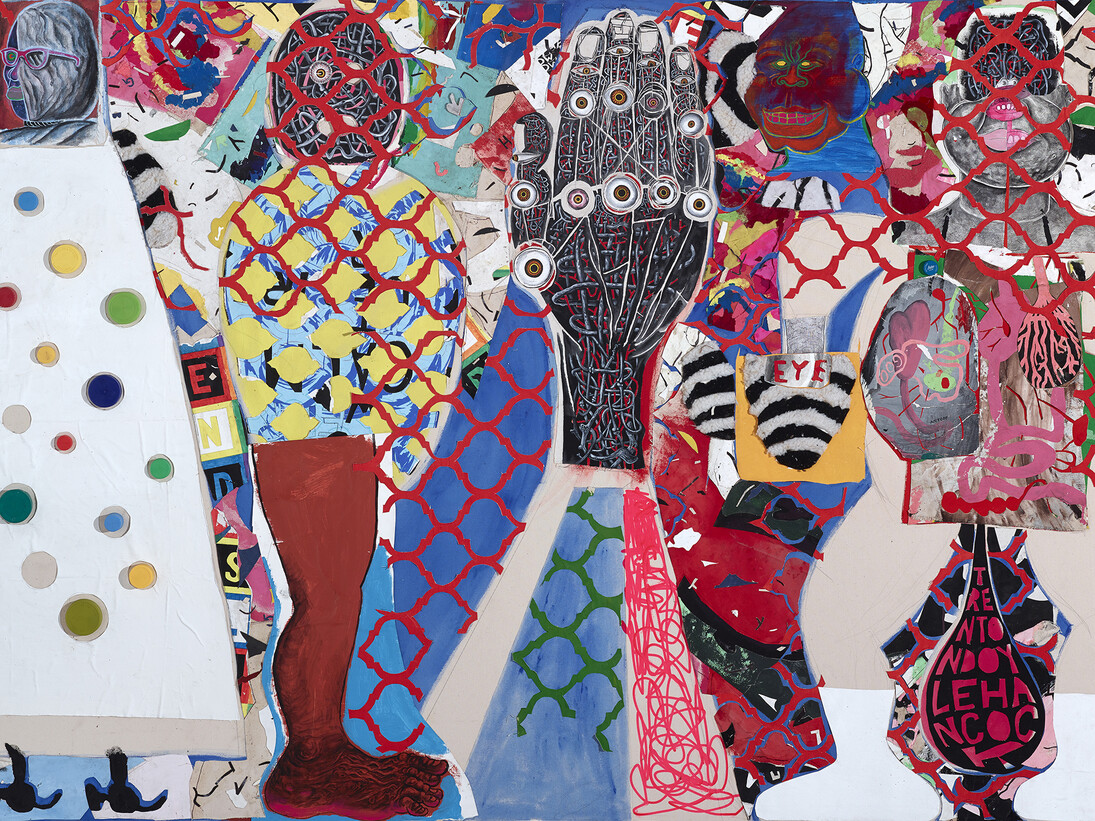 Trenton Doyle Hancock, Referee, 2014, acrylic and mixed media on canvas, 167.6 x 274.3 x 10.8 cm, Image courtesy of Hales Gallery, London. Copyright Trenton Doyle Hancock