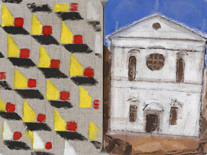 Joe Tilson, The Stones of Venice San Sebastiano Diptych, 2015, mixed media on canvas on wood panels, 43 x 58. (Detail)