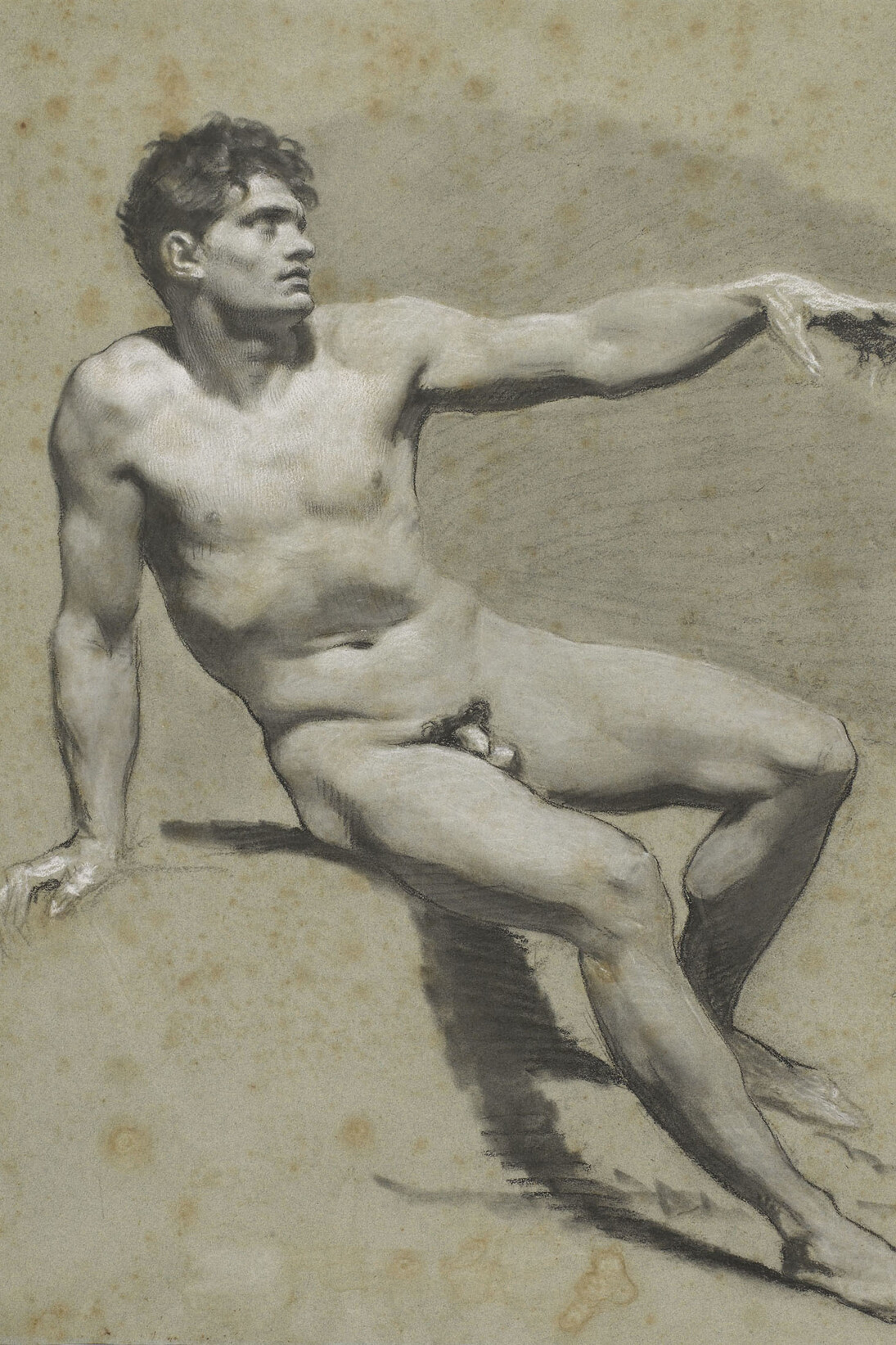 Pierre-Paul Prud’hon, Seated Nude, arm extended, black and white chalk on blue-tinted paper, © cliché Bernardot- Musée Baron Martin-France