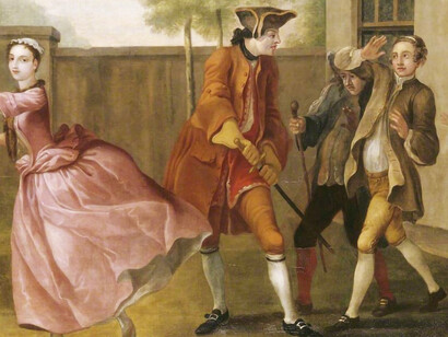 Pamela flying to the Coach, while Lady Davers sends Two of her Footmen to stop her (from Samuel Richardson's Pamela; or Virtue Rewarded, 1740-1), a Vauxhall Supper Box Picture