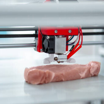 A close-up of a 3D printer crafting a meat piece, highlighting meat and technology, meat alternatives, and high-tech food