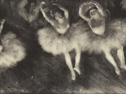 Hilaire‑Germain‑Edgar Degas (French, 1834–1917). Three Ballet Dancers (Trois danseuses), c. 1878-80. Monotype on cream laid paper. Plate: 7 13/16 × 16 3/8″ (19.9 × 41.6 cm). Sterling and Francine Clark Art Institute, Williamstown, Massachusetts, 1955.1386.