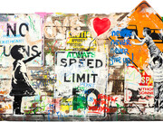 Mr. Brainwash (b. 1966) Pop Wall, 2023, Silkscreen and Mixed Media on Street Sign, Wood, and Brick Panel 54.75 x 90.50 in