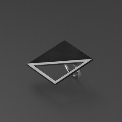 Bande des Quatres, “Harry Ring”, Sterling silver, oxidized sterling silver, Square composed of half oxidized and half scratched sterling silver. Band is matte sterling silver. Measures 1.5” across