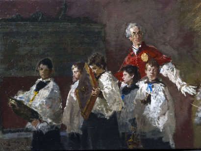 Mosè Bianchi, Processione De Profundis, dettaglio, olio su tela 36,5 x 68 cm