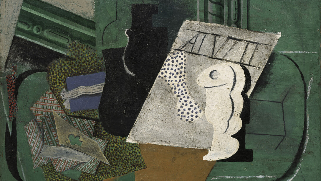 Pablo Picasso, Playing cards, tobacco, bottle, and glass, 1914. Courtesy of Museo Nacional Thyssen-Bornemisza