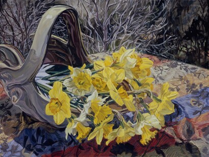 Janet Fish. Daffodils/Dark Trees, 2008. Oil on canvas, 36 x 60 inches