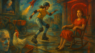 A surreal, dreamlike oil painting captures the fusion of modern disconnection and poetic imagination