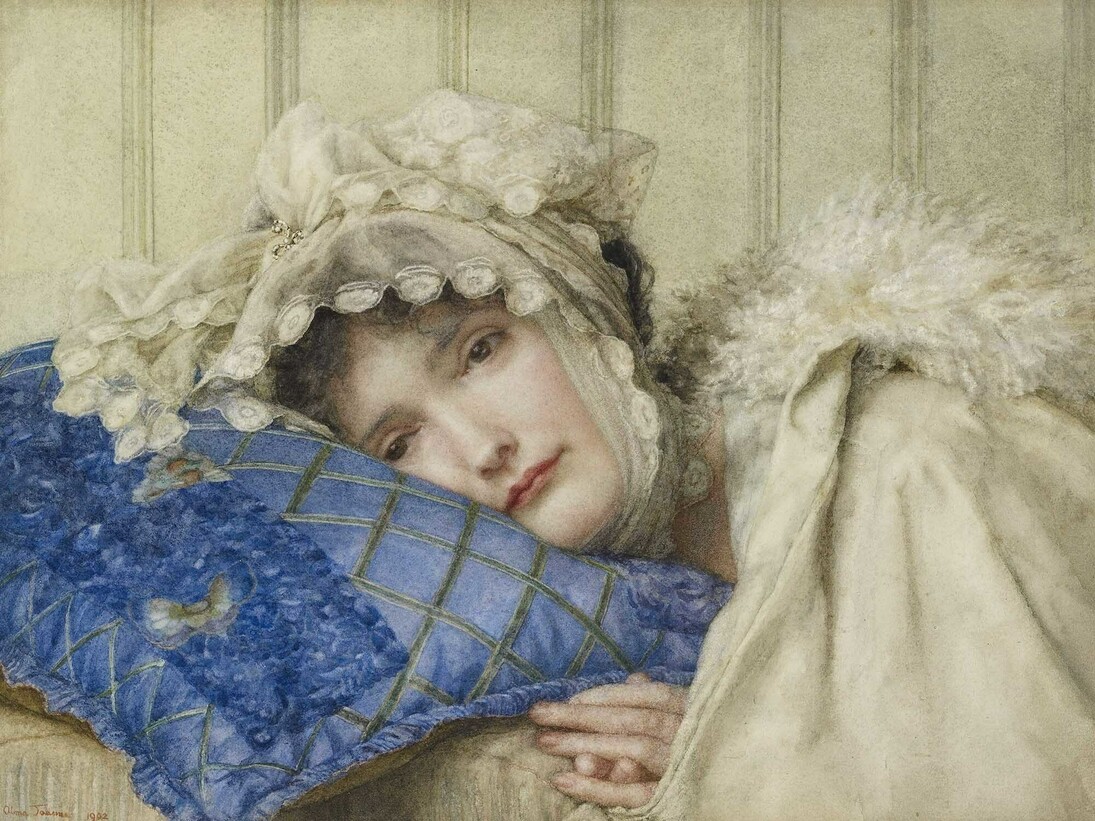 Anna Alma-Tadema (1867–1943), Girl in a Bonnet with her Head on a Blue Pillow, 1902, Watercolour on paper, 36.6 x 26.4 cm © Ashmolean Museum, University of Oxford