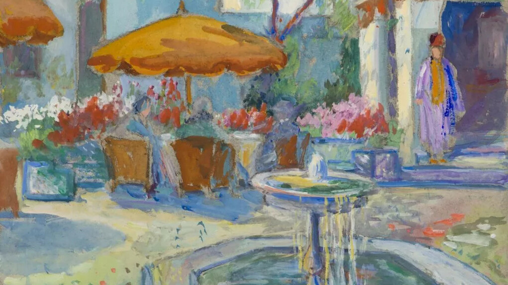 Gertrude Beals Bourne, Fountain with orange umbrella (detail), 1927. Courtesy of Childs Gallery