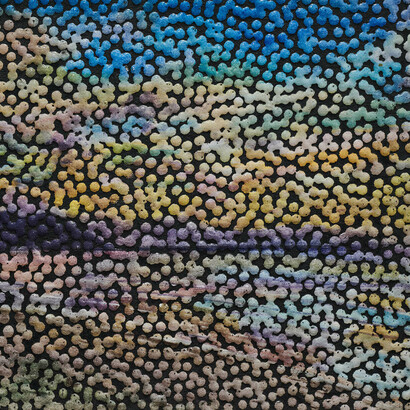 Daniel Boyd, Untitled (TALTIHHASFATS) (detail), 2023. Oil, watercolor, gouache, and archival glue on paper mounted to linen. 7 1/2 x 19 in. / 19 x 48.2 cm. Courtesy of the artist and Marian Goodman Gallery