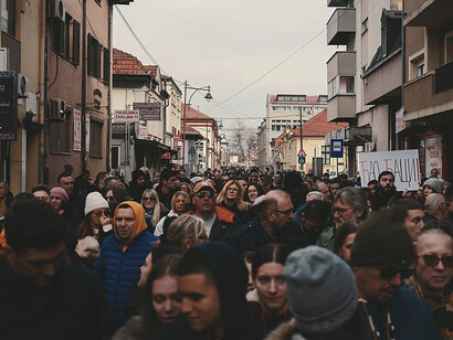 Čačak, Serbia, january 26, 2025: Citizens protest the Novi Sad railway station canopy collapse that killed 15 people, demanding accountability from authorities
