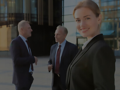 Lobbyists convene in the city, discussing contracts amidst towering office buildings, navigating their field with strategic negotiations