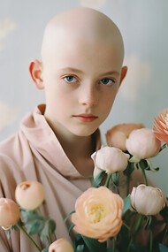 A touching image capturing a young cancer patient holding flowers