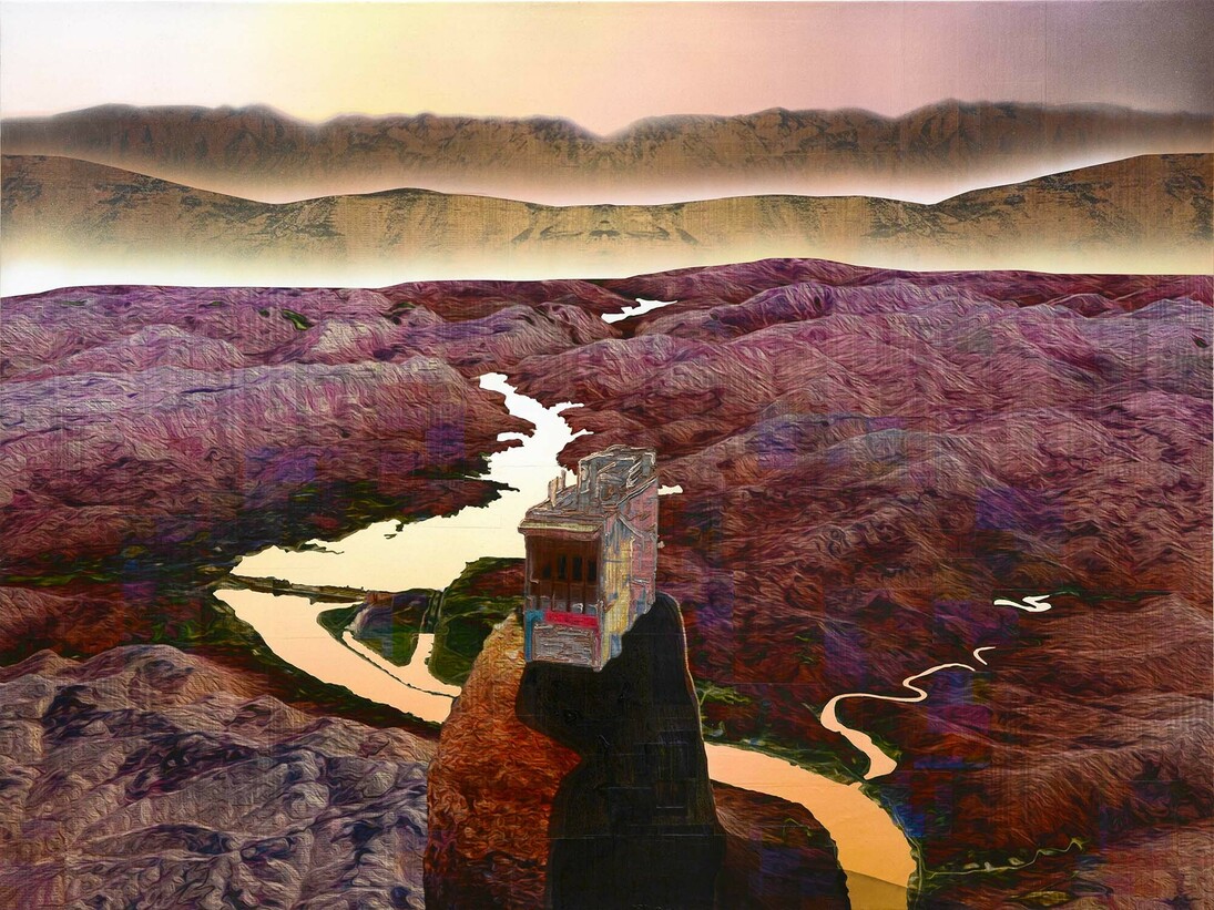 Gordon Cheung, Living Mountain, 2015, Signed, titled, dated verso, Financial newspaper, acrylic, pumice and sand on canvas and sail cloth, 150 x 200 cm, courtesy Edel Assanti, copyright Gordon Cheung
