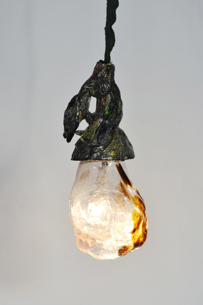Mette Vangsgaard | Untitled (Fruit with moth) (lid), 2020. Handblown glass, glazed ceramics and LED light, 33 x 12 x 12 cm-kopi